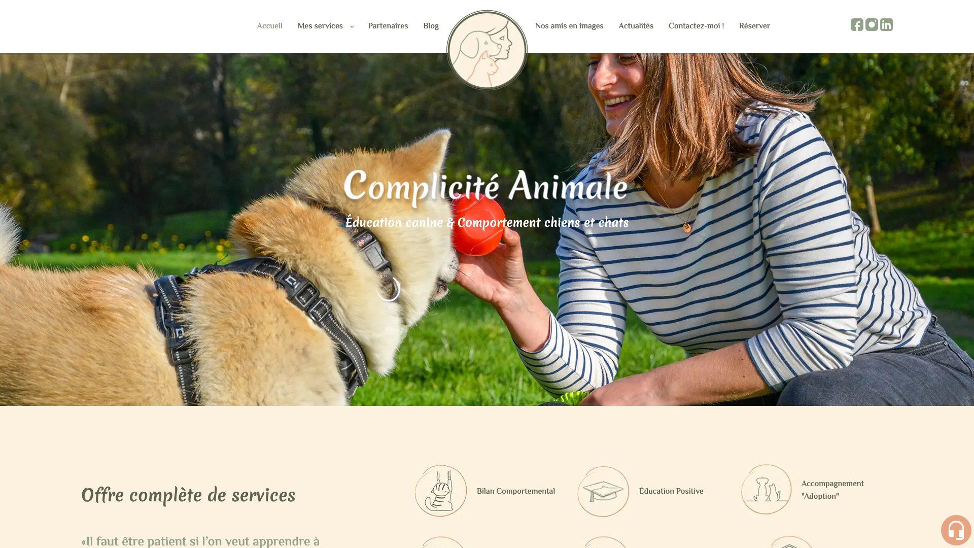 Capture d’écran de la page d’accueil du site Complicité Animale