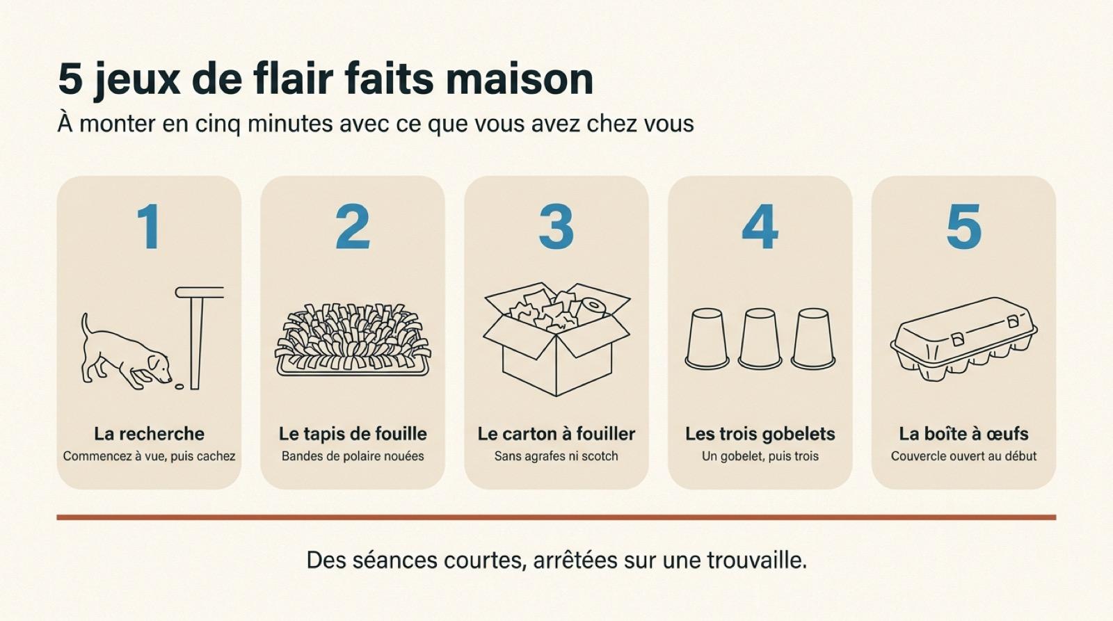 Cinq jeux de flair faits maison pour chien : recherche de friandises, tapis de fouille, carton à fouiller, trois gobelets et boîte à œufs