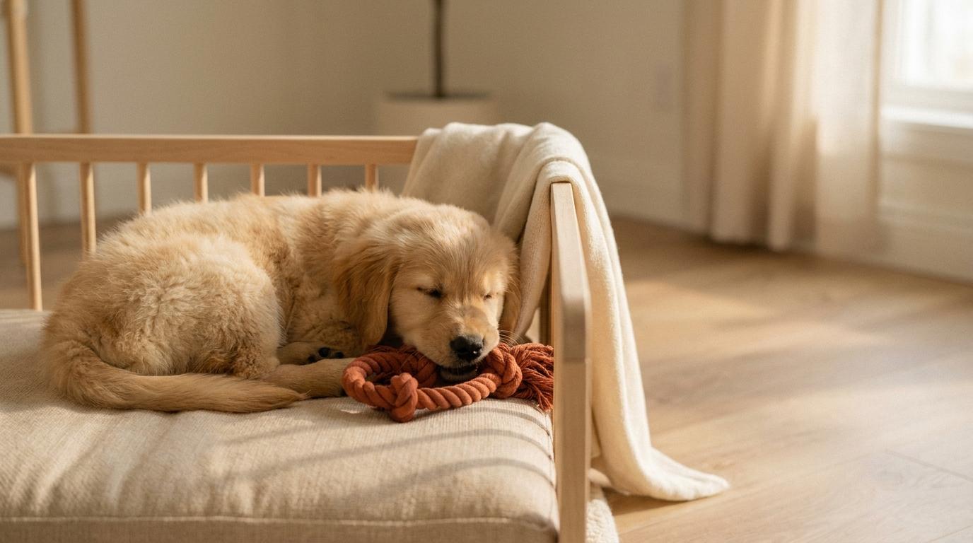 Chiot endormi sur un coussin dans un parc en bois, un jouet à mâcher contre le museau