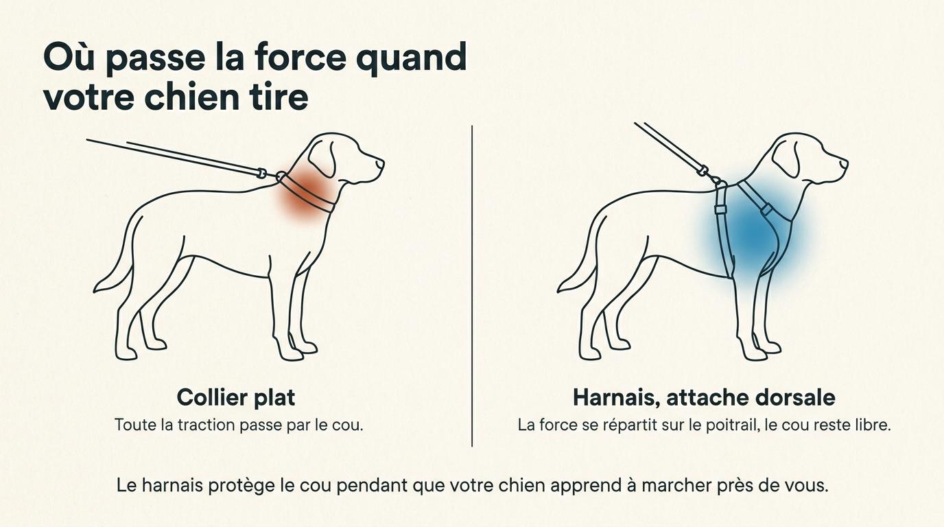 Infographie comparant le collier plat, où toute la traction passe par le cou, et le harnais à attache dorsale, qui répartit la force sur le poitrail
