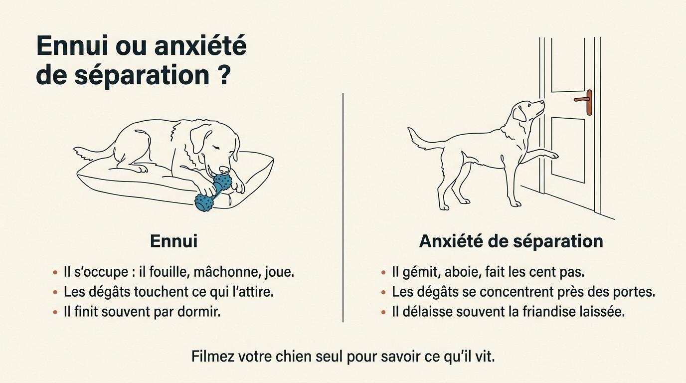 Infographie comparant un chien qui s’ennuie, qui s’occupe et finit par dormir, et un chien anxieux, qui gémit et abîme la porte