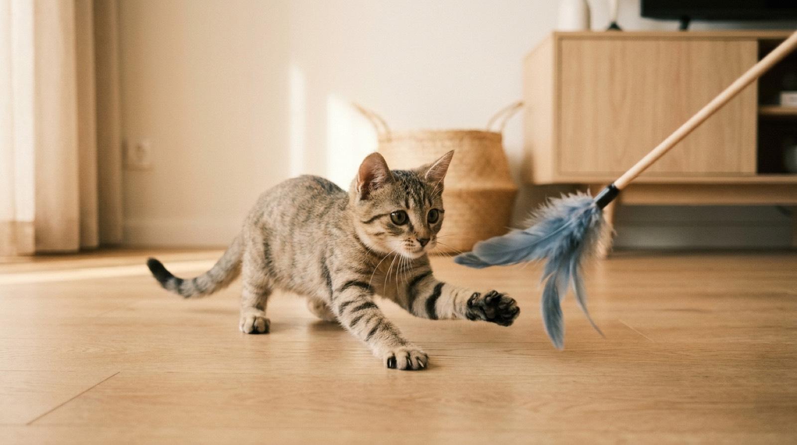 Chaton tigré en plein bond vers le plumeau d’une canne à pêche, dans un salon aux tons crème