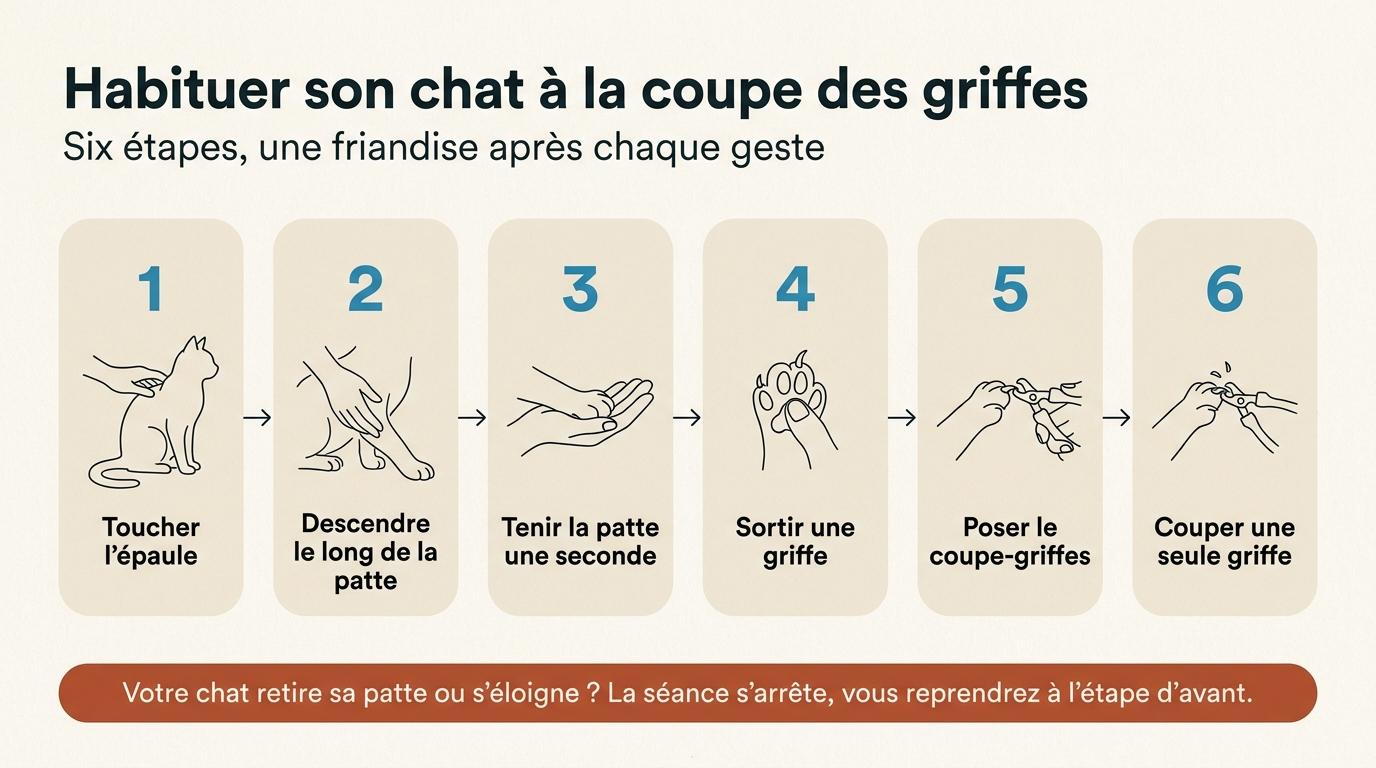 Six étapes pour habituer son chat à la coupe des griffes, de la main posée sur l’épaule à la première griffe coupée
