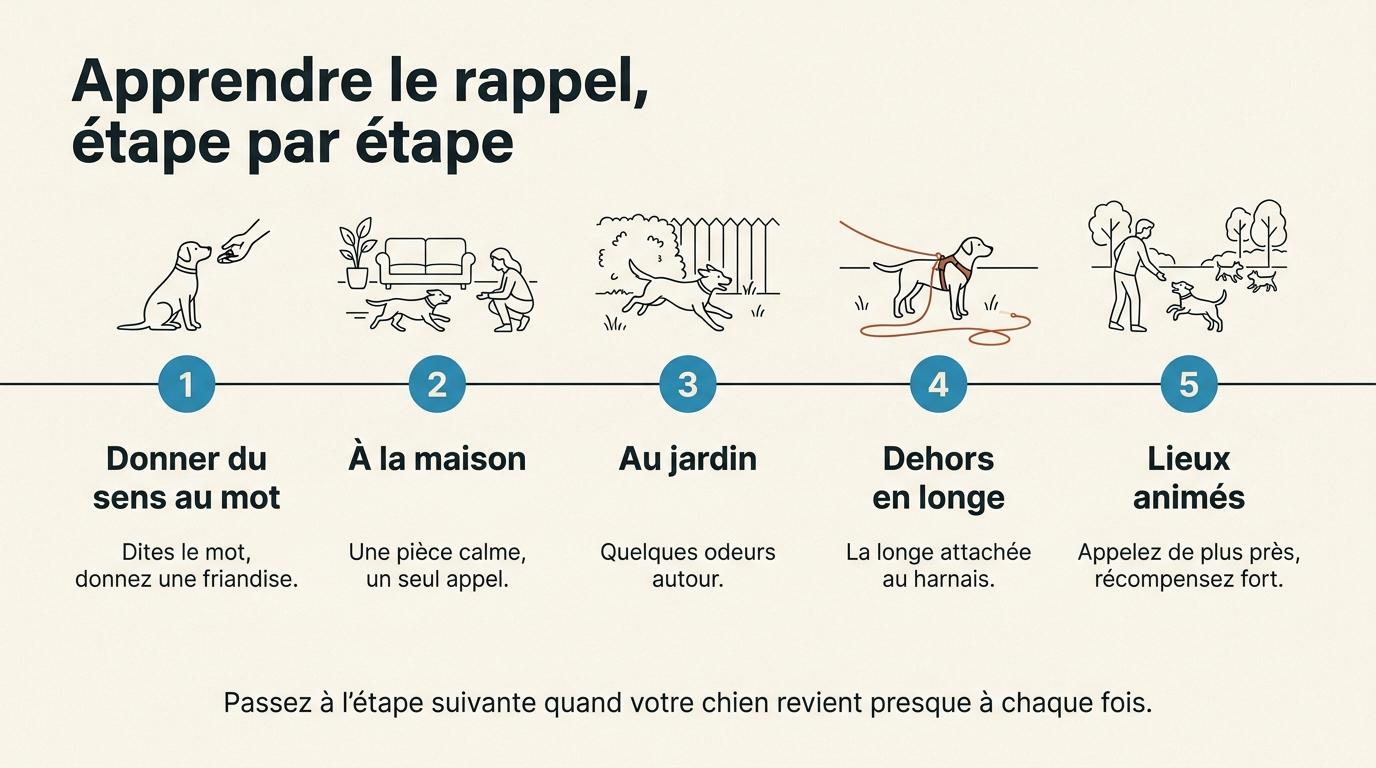 Infographie des cinq étapes du rappel : donner du sens au mot, à la maison, au jardin, dehors en longe, puis dans des lieux animés