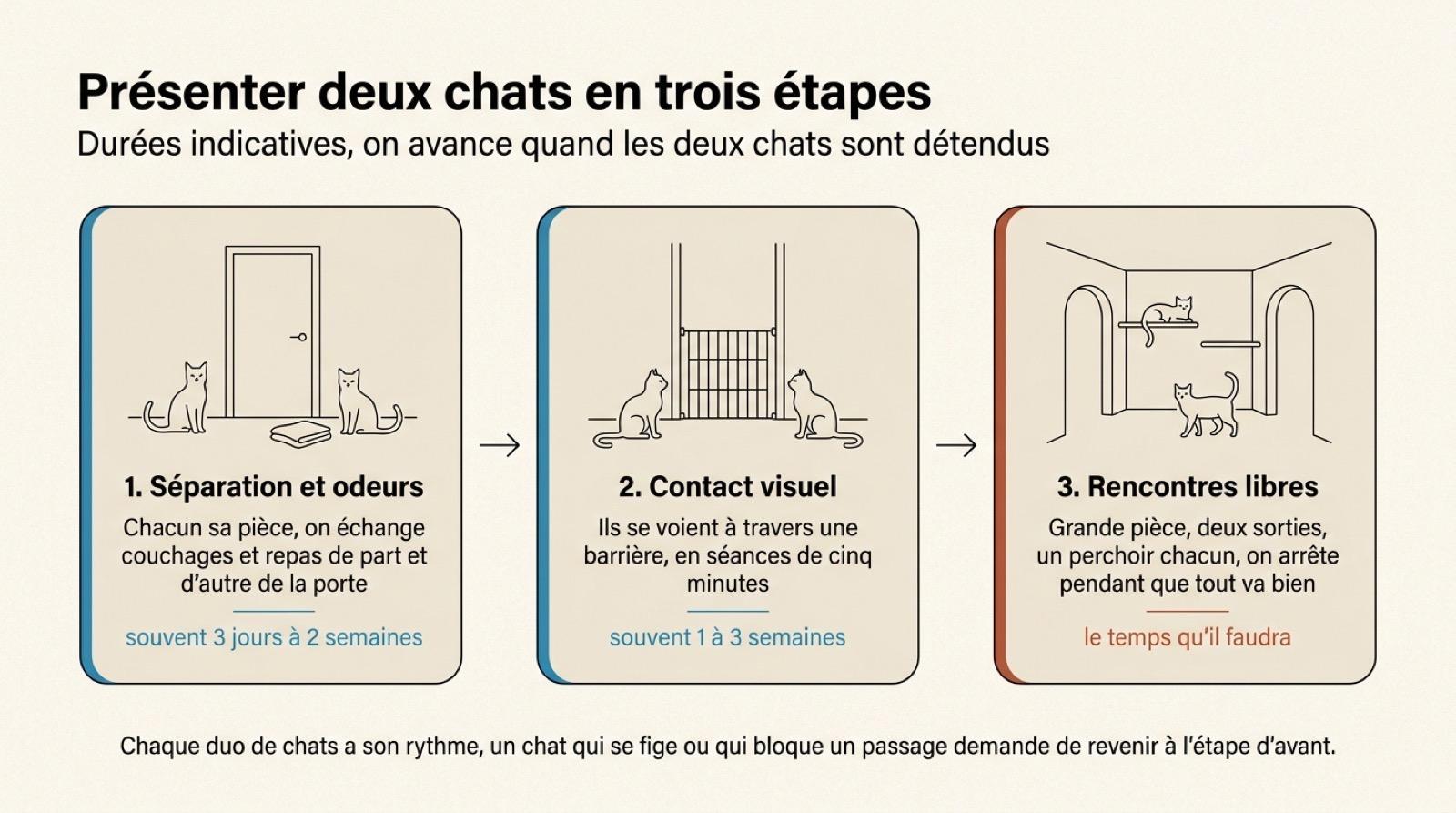 Les trois étapes de la présentation entre deux chats, de la séparation aux rencontres libres