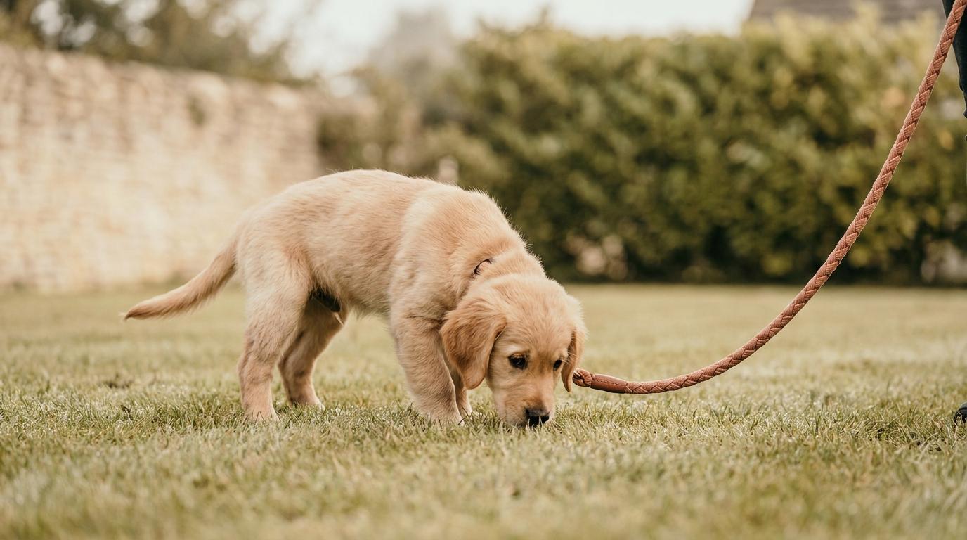 Chiot en laisse qui renifle l’herbe d’un jardin, le matin