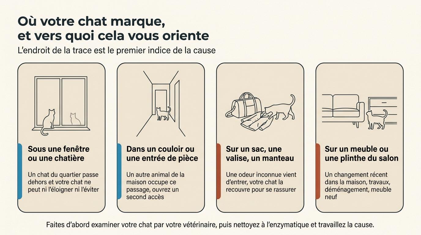Quatre endroits où un chat marque et la cause à chercher pour chacun