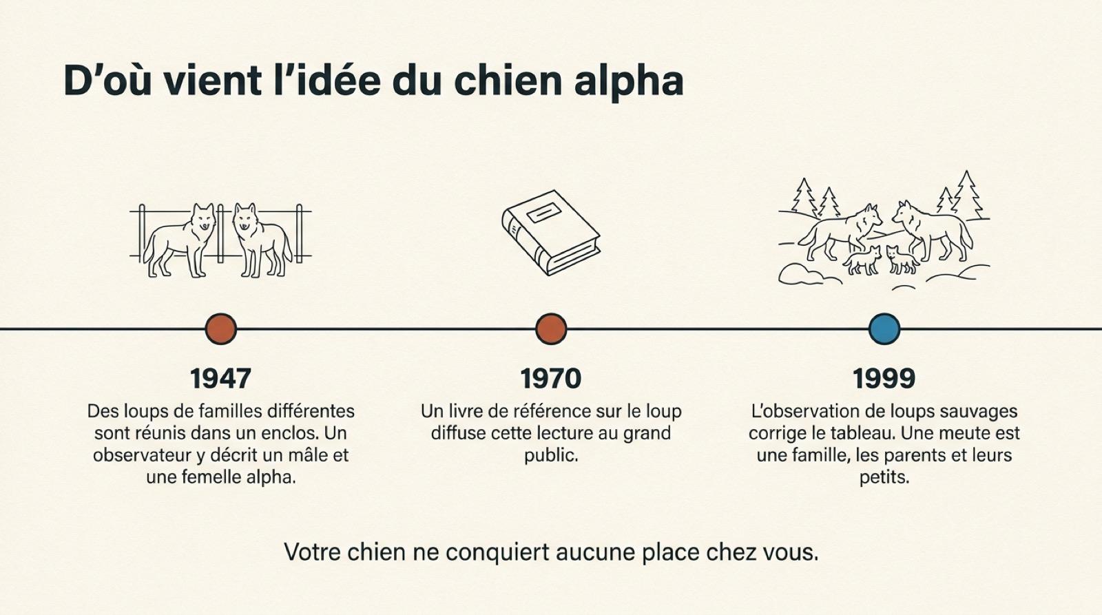 Frise de l’idée du chien alpha, des loups captifs de 1947 aux loups sauvages observés en famille en 1999