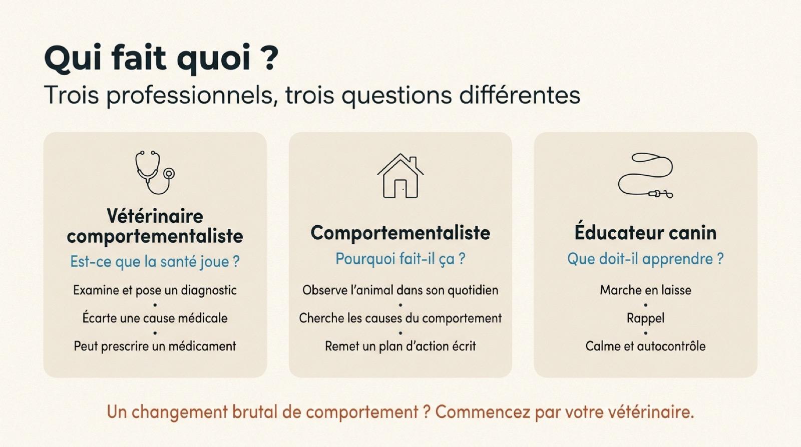 Rôles du vétérinaire comportementaliste, du comportementaliste et de l’éducateur canin, côte à côte