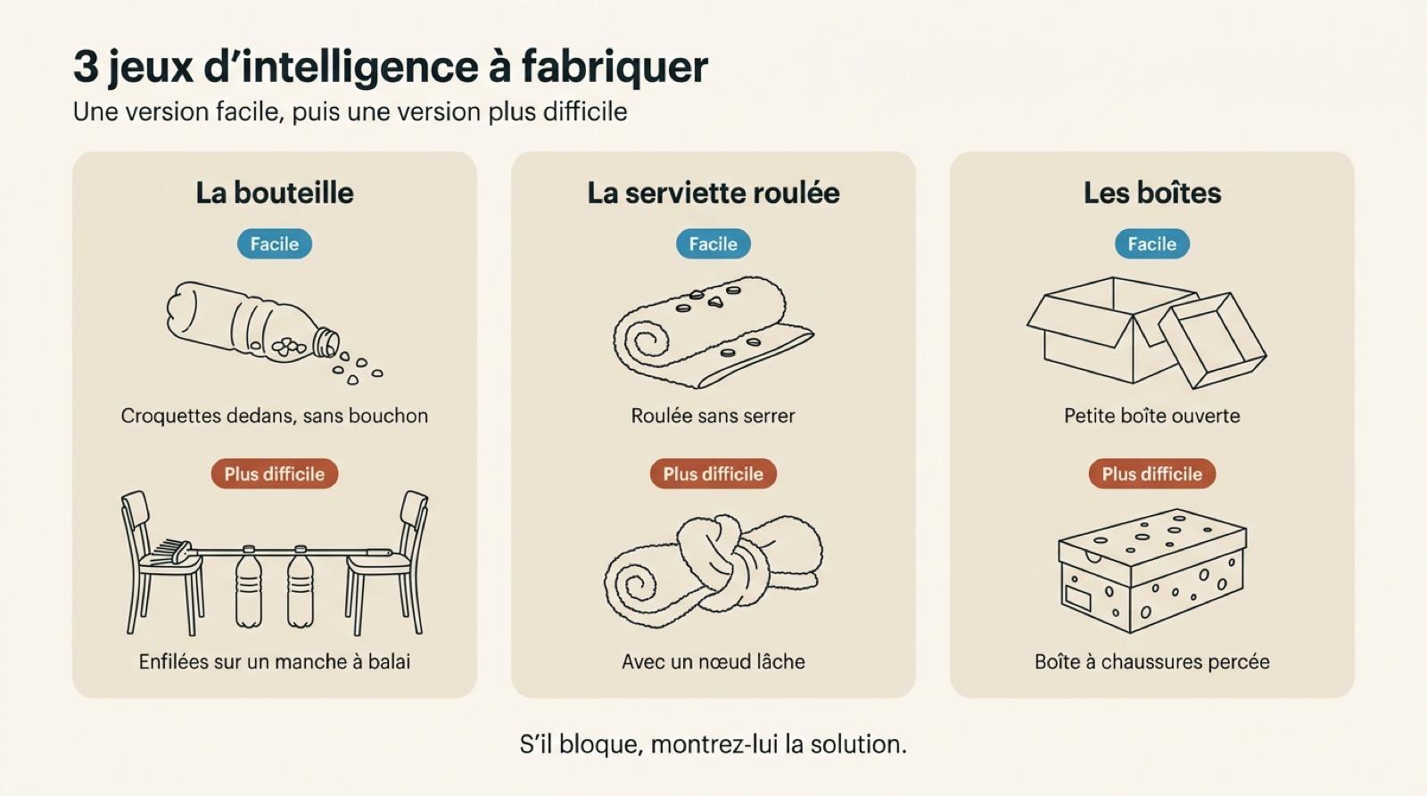 Trois jeux d’intelligence maison pour chien, la bouteille, la serviette roulée et les boîtes, chacun en version facile puis plus difficile