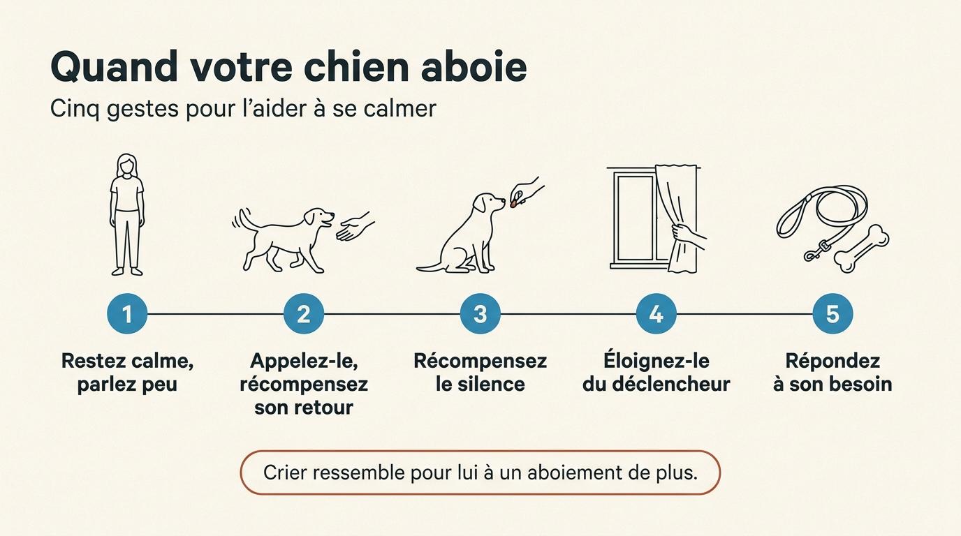 Les cinq gestes utiles quand votre chien aboie, du calme à la réponse à son besoin