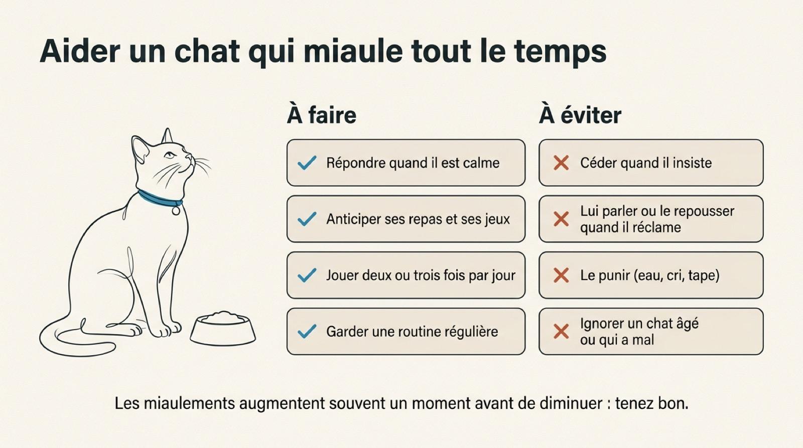 Ce qui aide un chat qui miaule tout le temps, et ce qui entretient ses miaulements