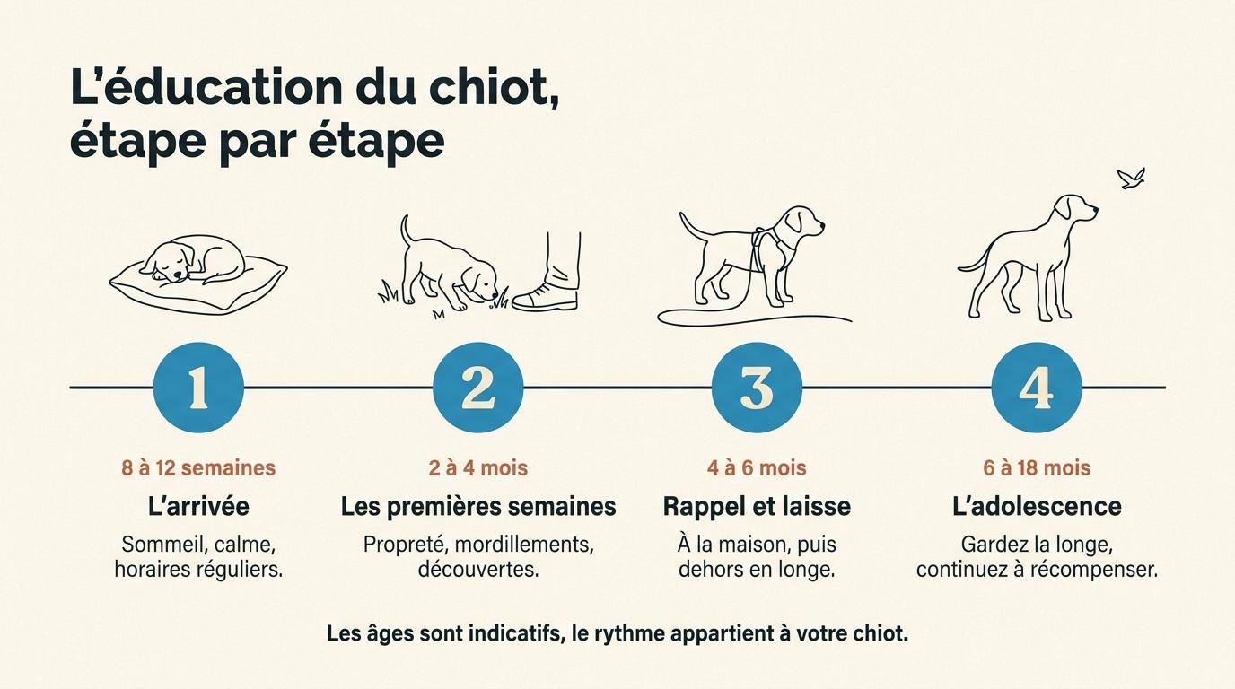 Infographie des quatre étapes de l’éducation du chiot : l’arrivée, les premières semaines, le rappel et la laisse, puis l’adolescence