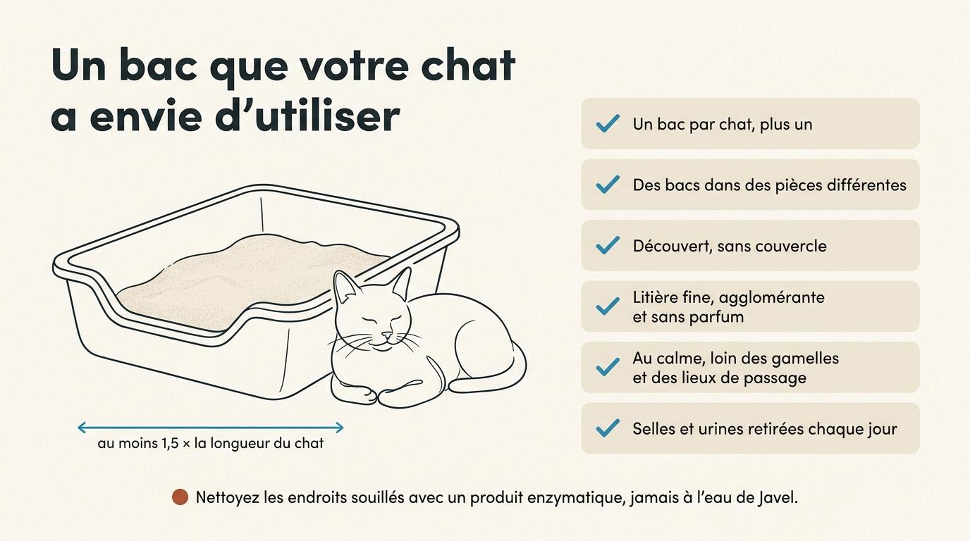 Les critères d’un bac à litière que le chat a envie d’utiliser : nombre, taille, emplacement, litière et nettoyage