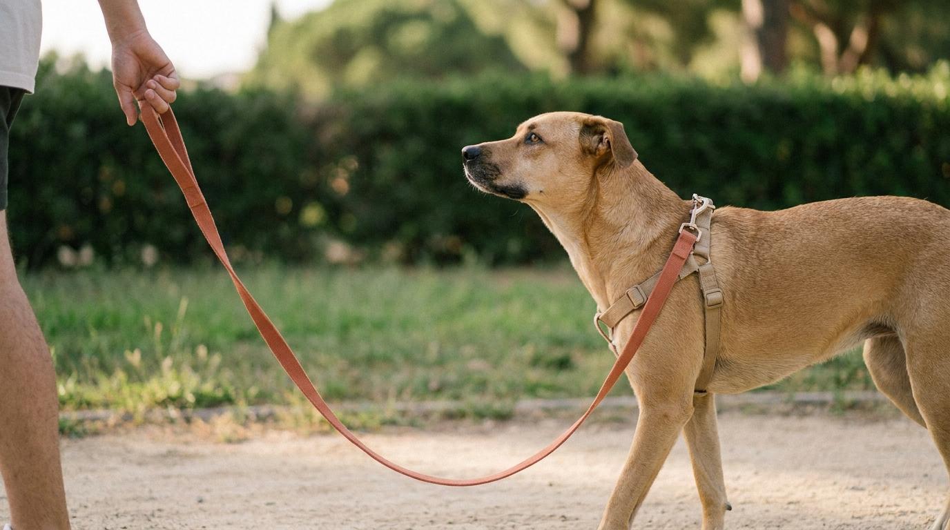 Chien marchant près de sa gardienne, la laisse détendue formant un grand U jusqu’à sa main
