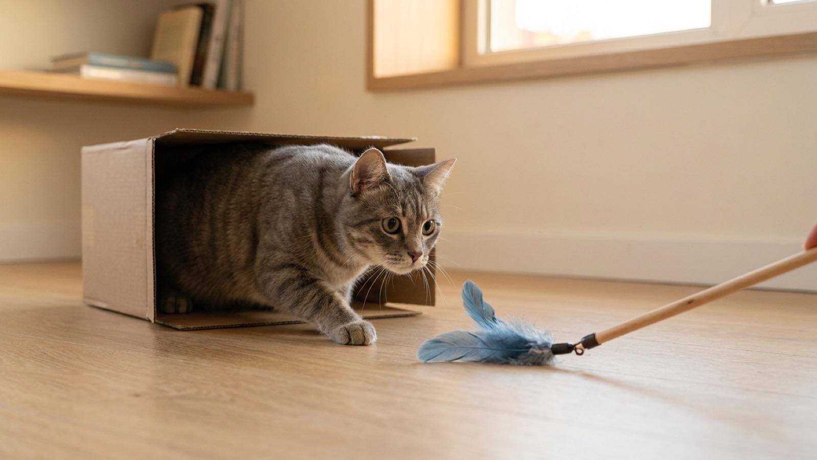 Chat tigré gris qui sort à moitié d’une boîte en carton, attentif à un plumeau posé au sol